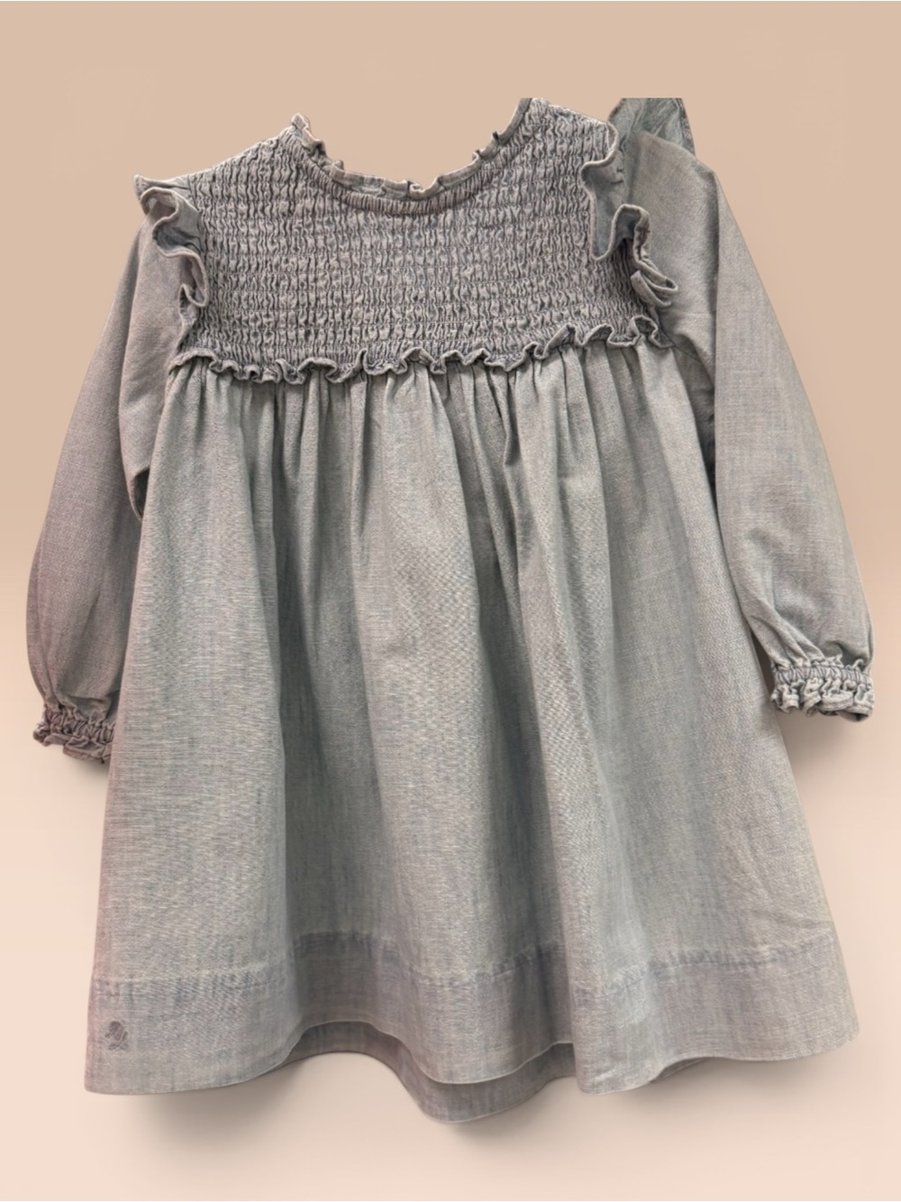 NWT Ralph Lauren Chambray Smocked Dress 18M Blue Denim Ruffle Long Sleeve